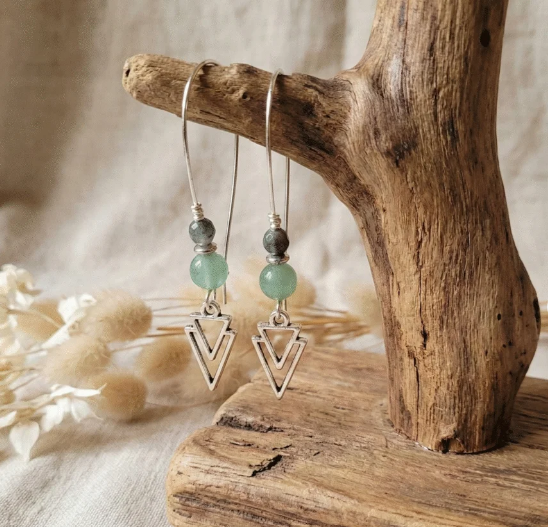 Boucles d’oreilles pendantes Jade et Labradorite – Double Triangle Argenté
